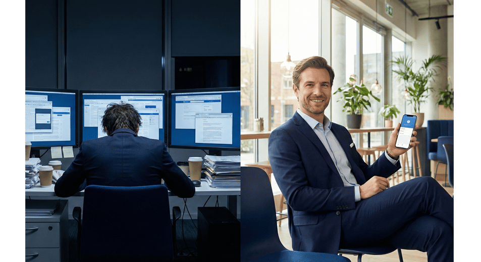 A split screen comparison: The left shows a stressed office worker overwhelmed by messy browser tabs (Retrieval Era); the right shows a confident professional using a clean mobile app to execute a decision (Reasoning Era).