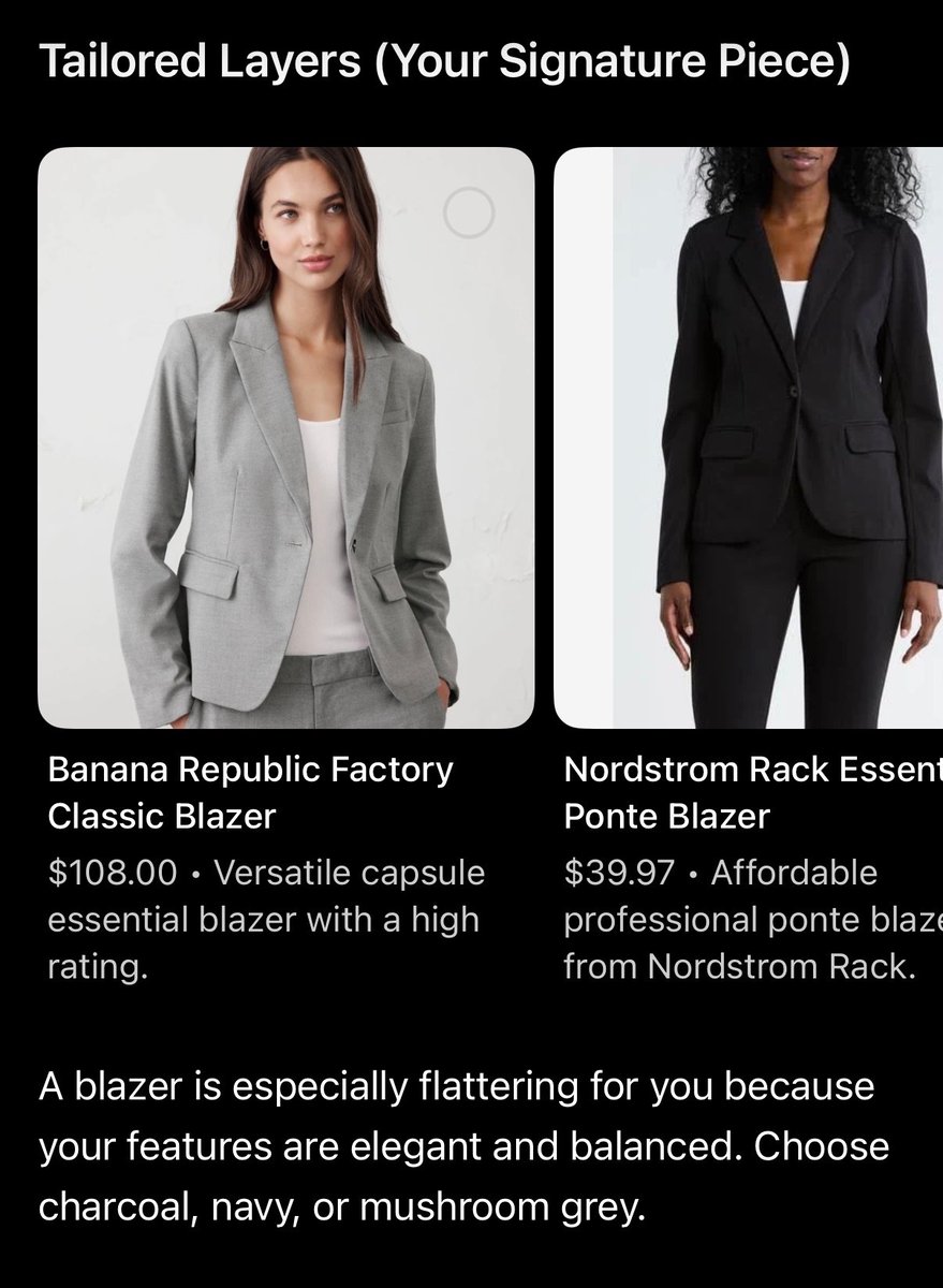 ChatGPT shopping output showing Banana Republic Factory Classic Blazer and Nordstrom Rack Essential Ponte Blazer recommended for a Soft Summer color profile