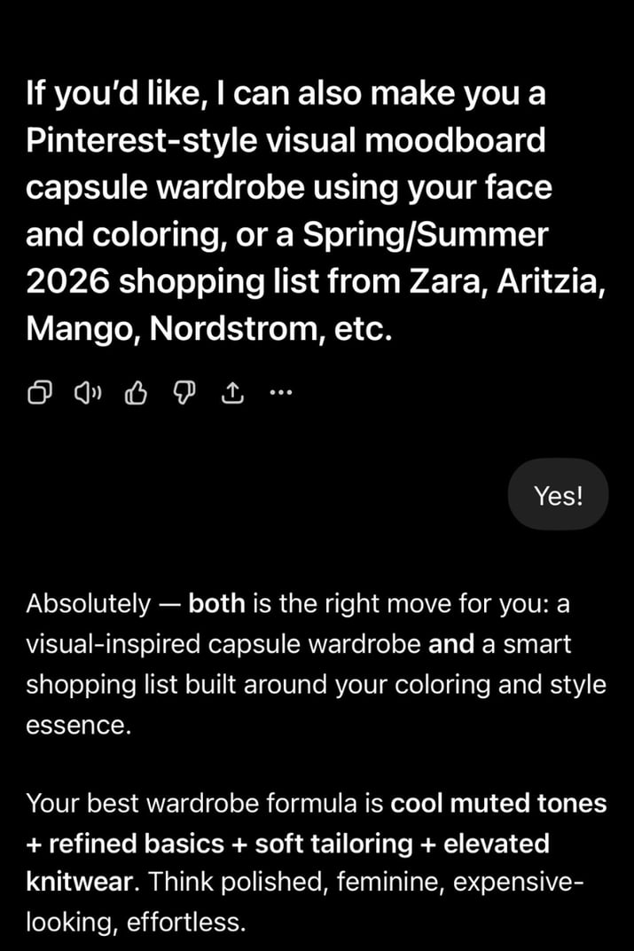 ChatGPT offering a Spring/Summer 2026 shopping list from Zara, Aritzia, Mango, and Nordstrom after a color analysis session