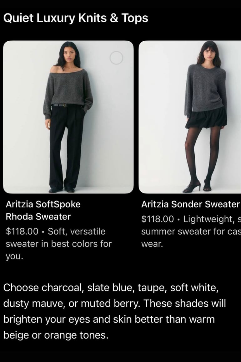 ChatGPT shopping output showing Aritzia SoftSpoke Rhoda Sweater and Aritzia Sonder Sweater recommended under Quiet Luxury Knits and Tops for a Soft Summer color profile