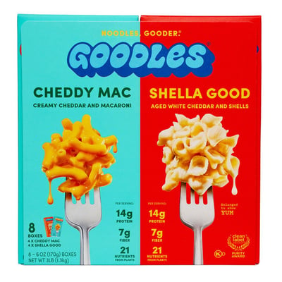 Goodles boxed mac and cheese packaging showing the bubbly Goodles wordmark, the Cheddy Mac and Shella Good flavors, and front-of-pack callouts for 14 grams of protein, 7 grams of fiber, and 21 nutrients from plants.