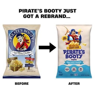 Pirate's Booty packaging before and after its 2026 redesign. Before, the original Captain Bob mascot contained in a blue roundel. After, the redesigned mascot freed from the roundel across the bag.