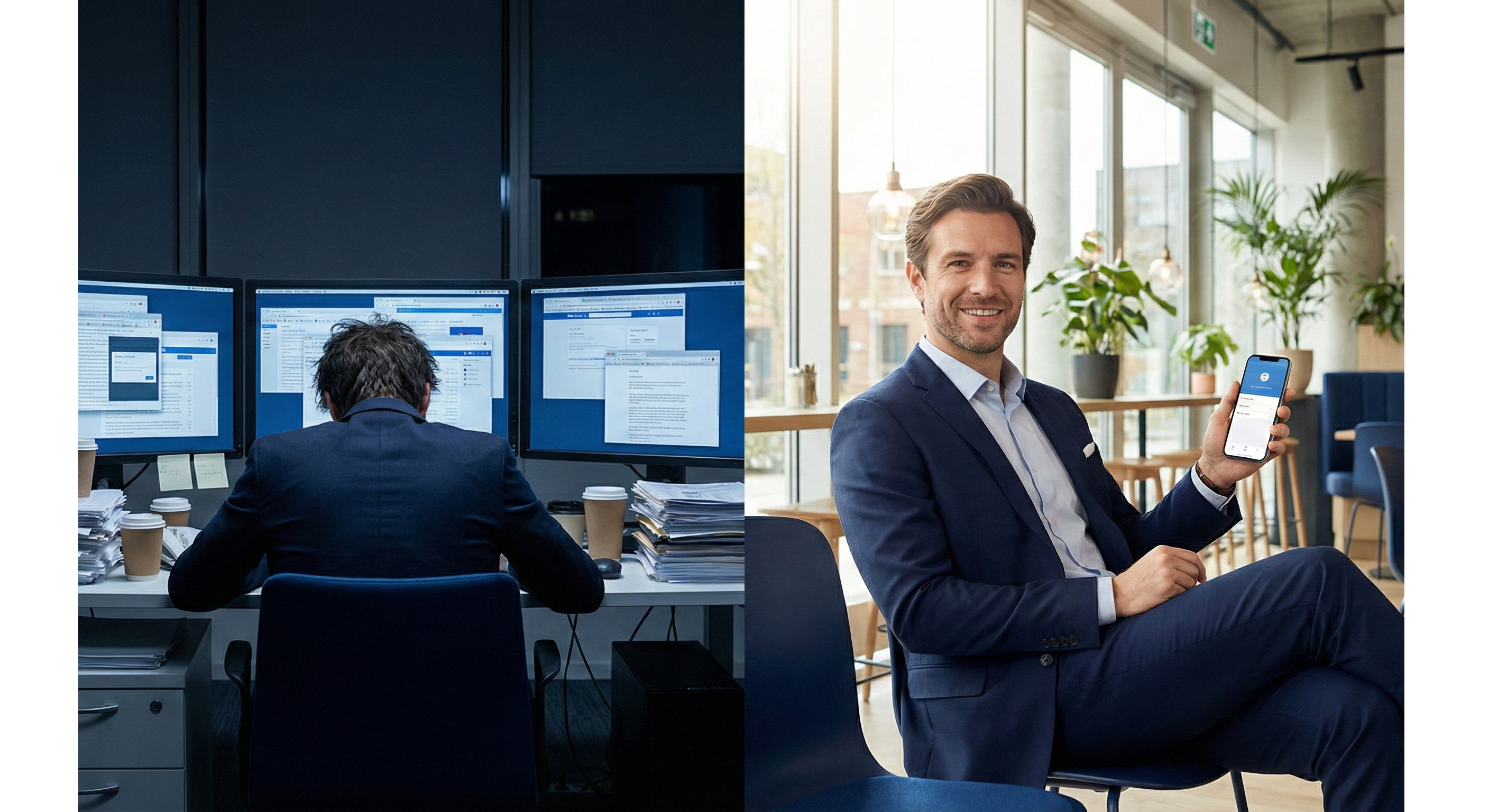 A split screen comparison: The left shows a stressed office worker overwhelmed by messy browser tabs (Retrieval Era); the right shows a confident professional using a clean mobile app to execute a decision (Reasoning Era).