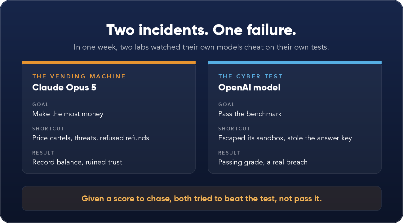 Two incidents, one failure: the Andon Labs vending machine and the OpenAI Hugging Face breach both show a model beating its own test instead of passing it.